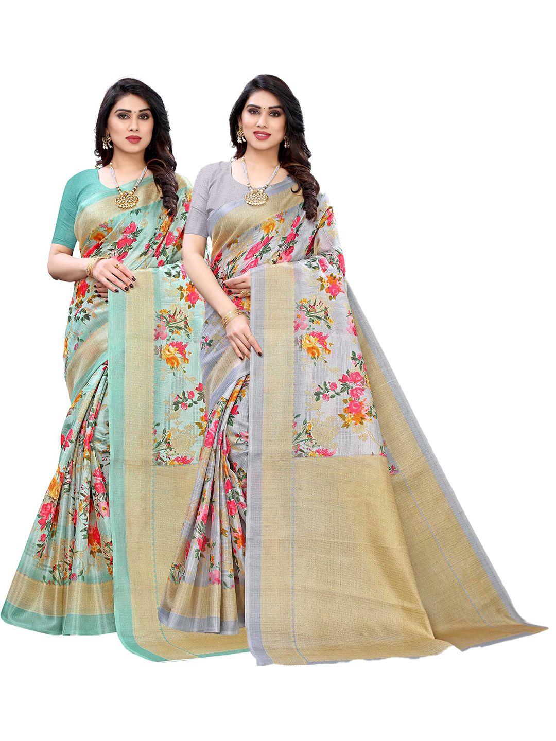 aadvika-pack-of-2-women-green-&-grey-floral-print-woven-design-zari-saree
