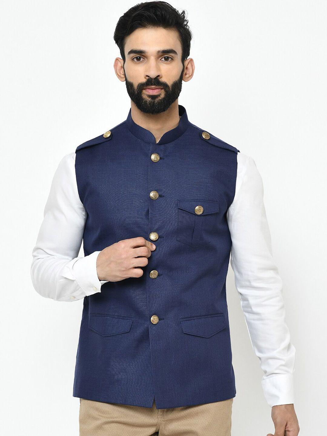 kisah-men-navy-blue-solid-woven-nehru-jacket
