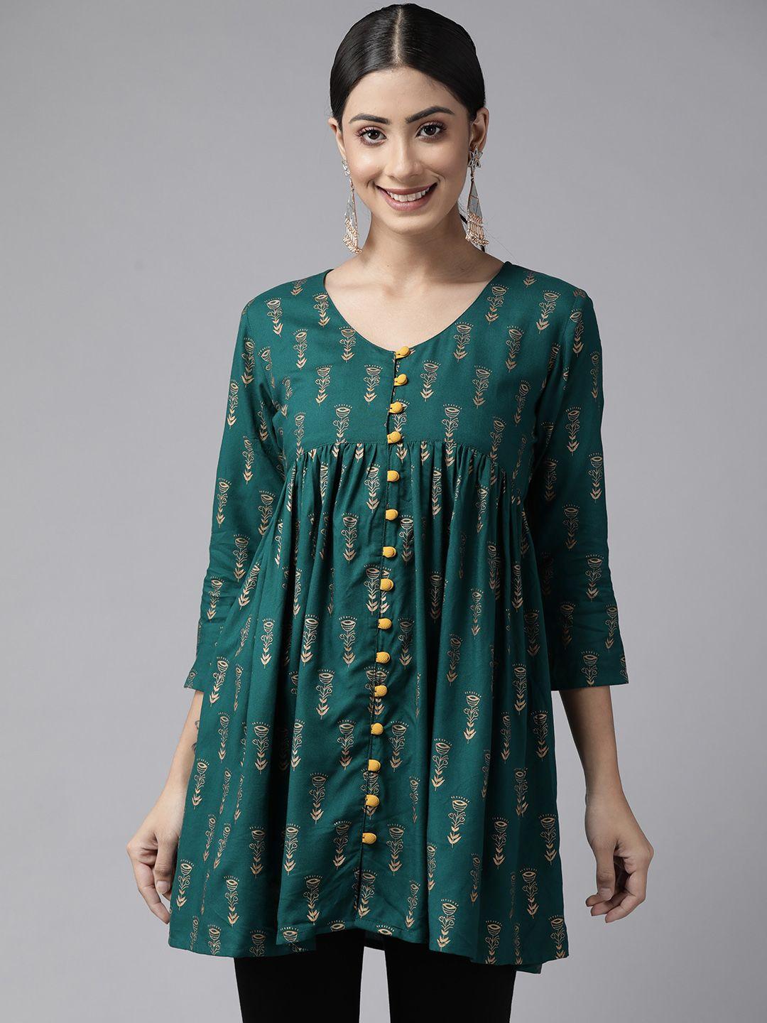 panit-women-green-ethnic-motifs-printed-pleated-kurti