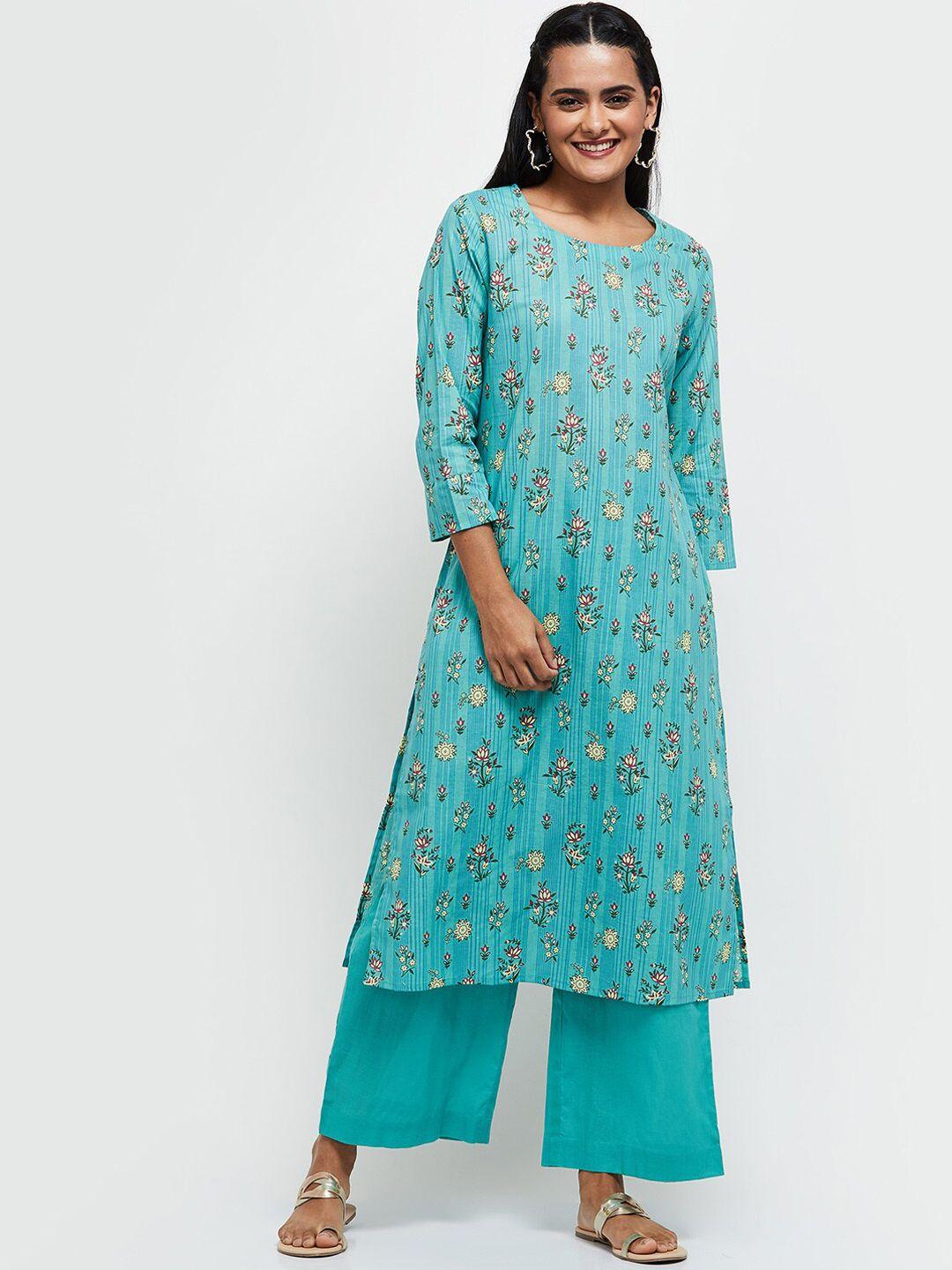 max-women-blue-floral-printed-pure-cotton-kurta-with-palazzo