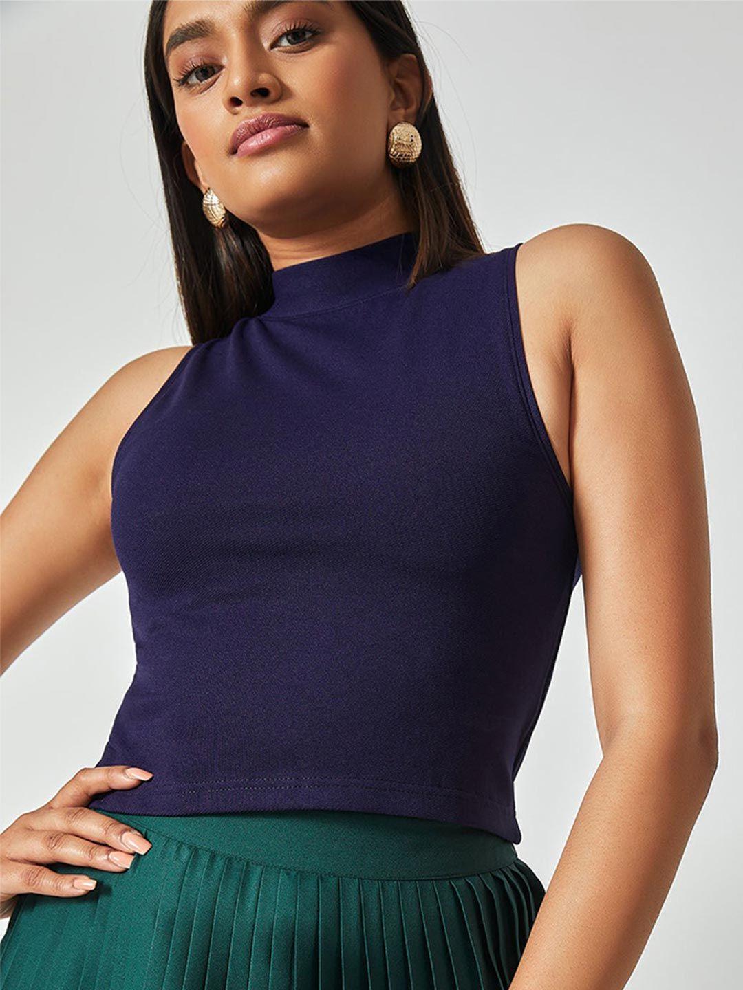 the-label-life-women-blue-solid-high-neck-crepe-crop-top