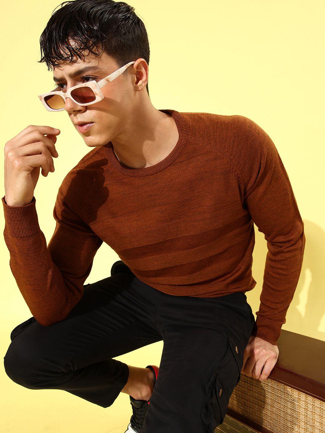 mast-&-harbour-men-rust-striped-long-sleeves-round-neck-pullover-sweaters