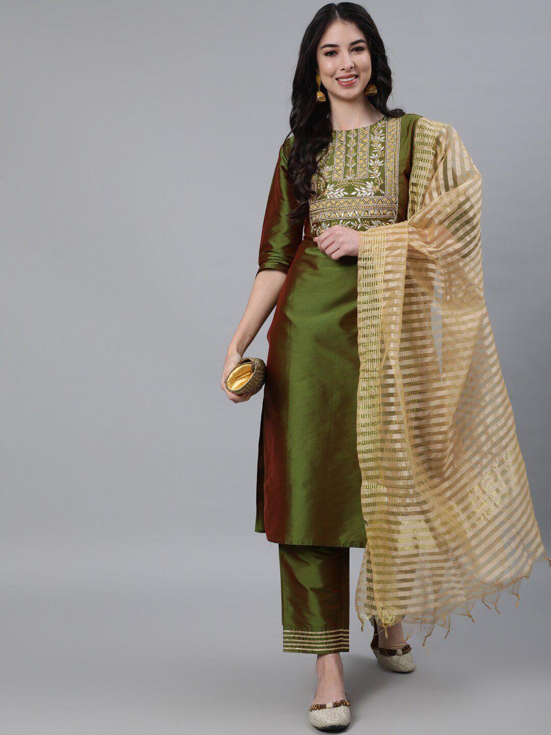 jaipur-kurti-women-olive-green-dupion-silk-kurta-with-trousers-&-with-dupatta