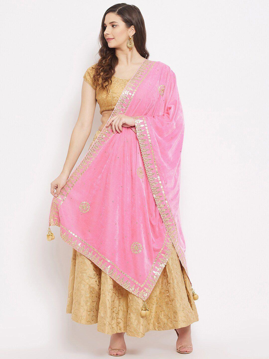 clora-creation-pink-&-beige-ethnic-motifs-embroidered-velvet-dupatta-with-gotta-patti