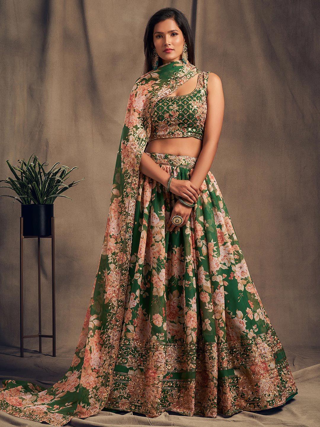fabpixel-green-&-pink-embroidered-sequinned-shibori-semi-stitched-lehenga-&-unstitched-blouse-with-dupatta