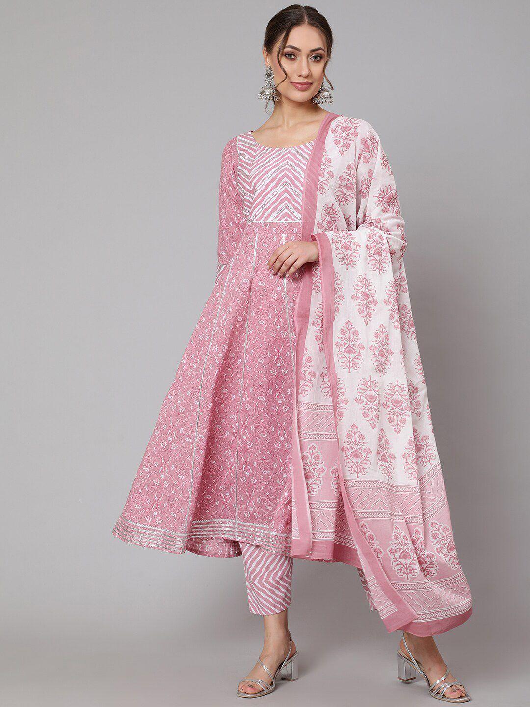 the-nks-plus-women-mauve-embroidered-pleated-pure-cotton-kurti-with-trousers-&-with-dupatta