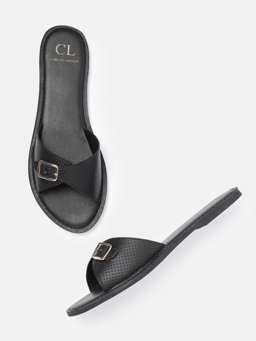 carlton-london-women-black-perforated-open-toe-flats-with-buckles