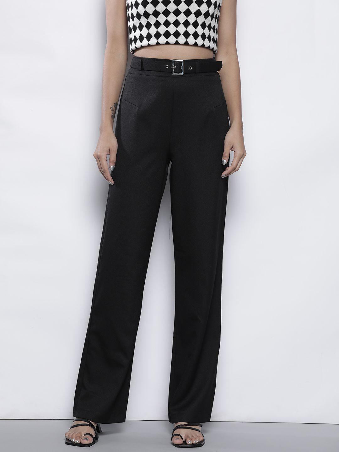 trendyol-women-black-solid-high-rise-trousers-with-a-belt
