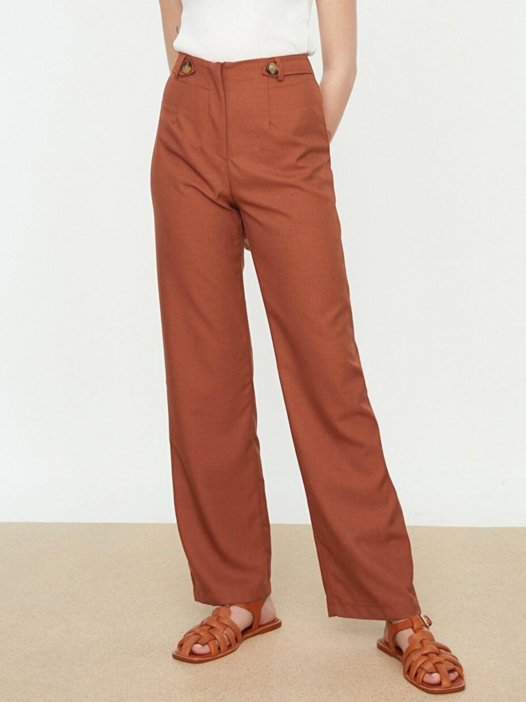 trendyol-women-rust-red-wide-leg-high-rise-trousers