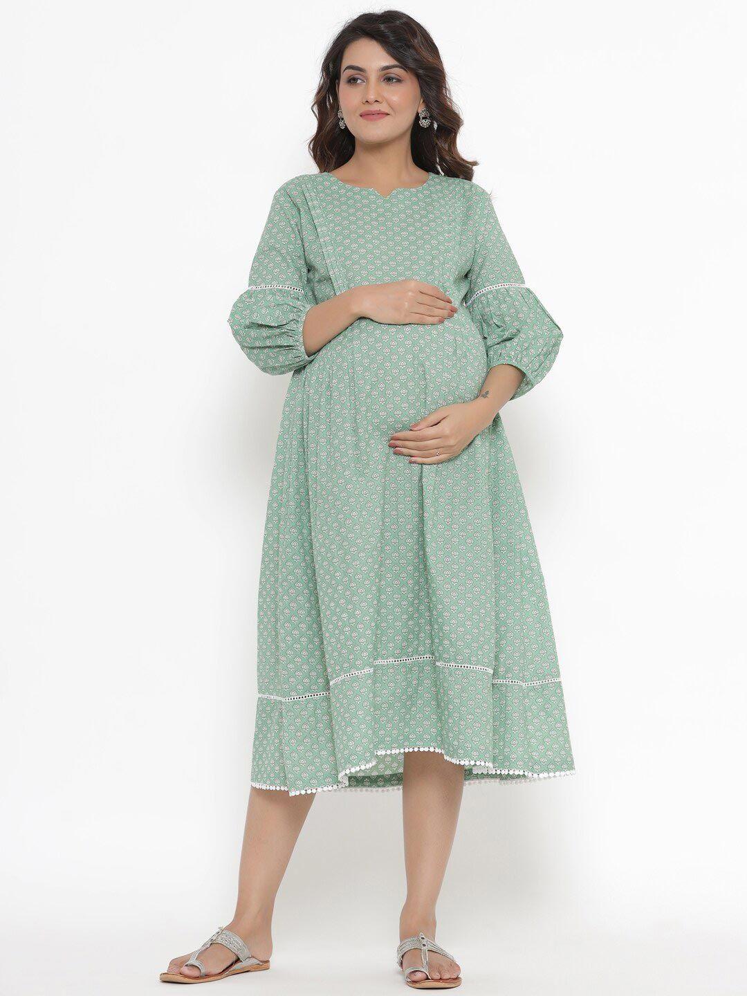 ikk-kudi-by-seerat-green-&-desert-sage-maternity-&-nursing-cotton-midi-dress