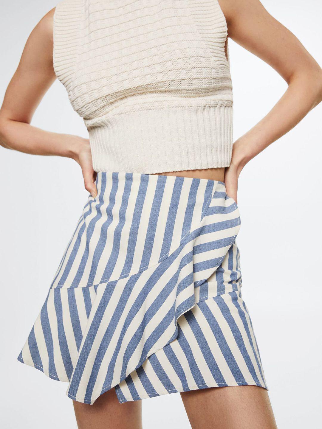 mango-women-blue-&-white-cotton-linen-striped-ruffled-wrap-skirt