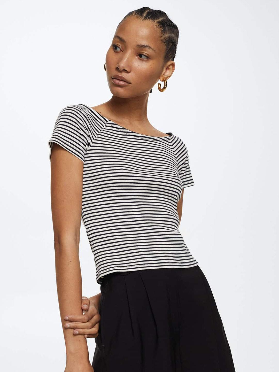 mango-women-white-&-black-striped-t-shirt