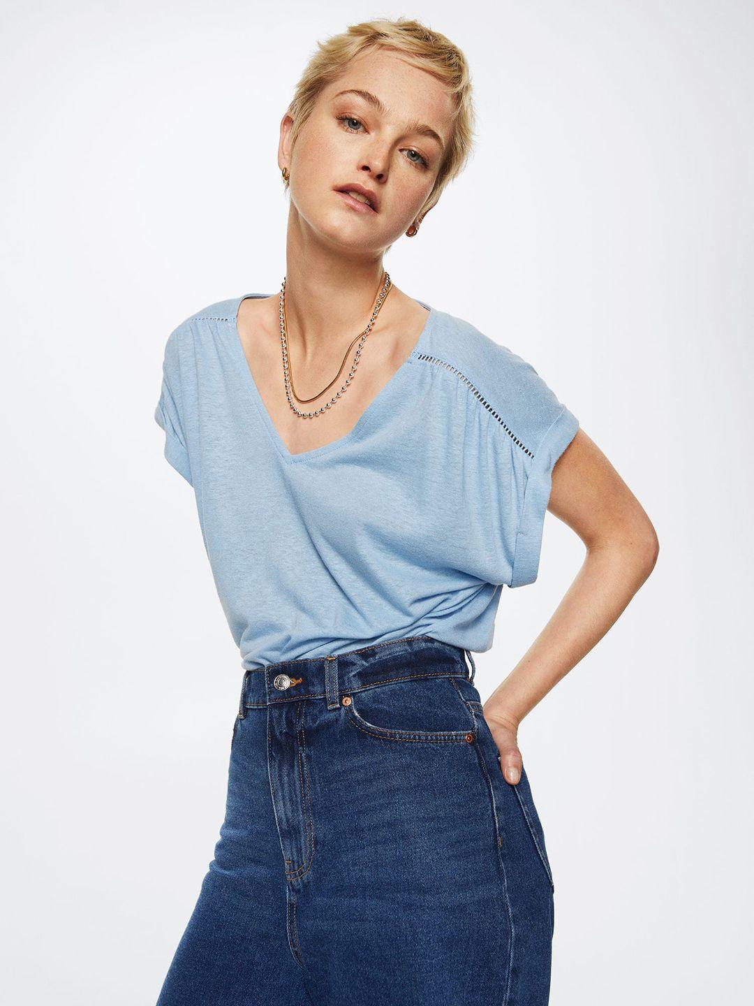 mango-blue-solid-extended-sleeves-top
