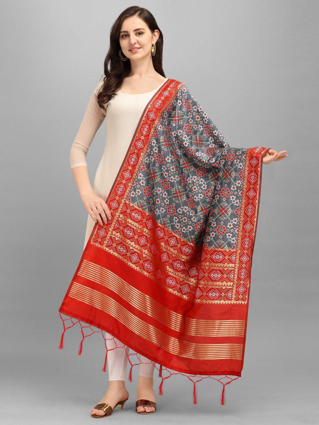 kalini-grey-&-red-ethnic-motifs-woven-design-dupatta-with-zari