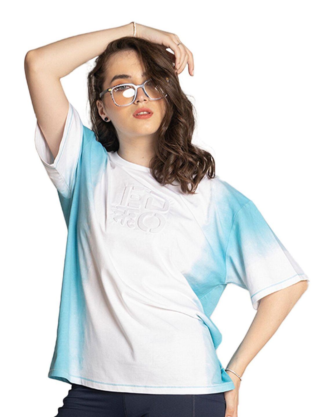 edrio-women-blue-&-cultured-extended-sleeves-pure-cotton-applique-loose-t-shirt