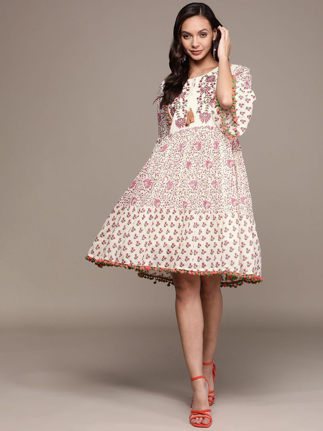 ishin-off-white-&-pink-floral-embroidered-tie-up-neck-a-line-dress