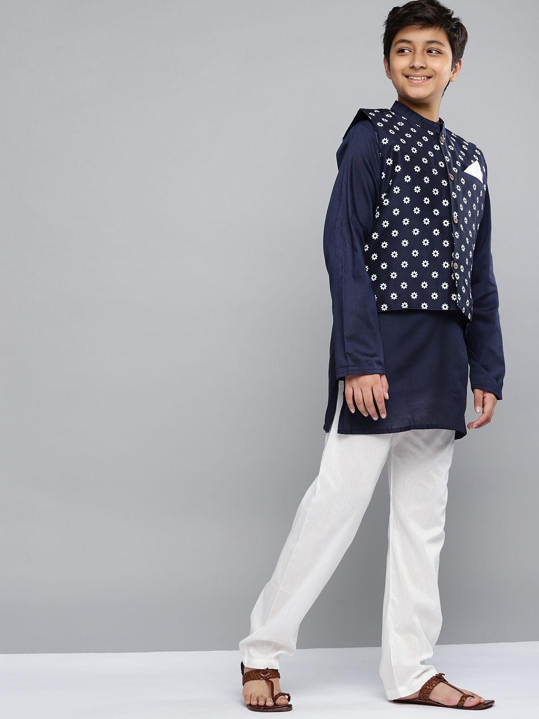 yk-boys-navy-blue-printed-kurta-with-white-pyjamas-&-nehru-jacket