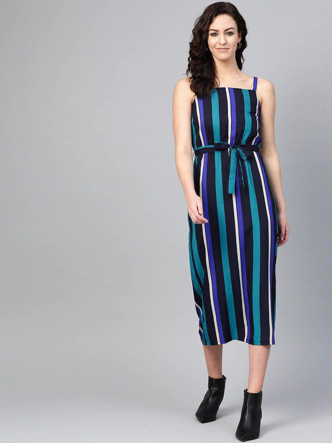 sirikit-blue-striped-crepe-a-line-midi-dress