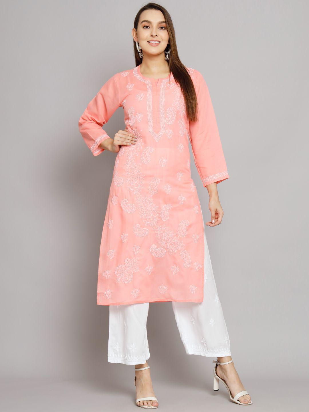 paramount-chikan-women-peach-coloured-embroidered-flared-sleeves-chikankari-cotton-kurta