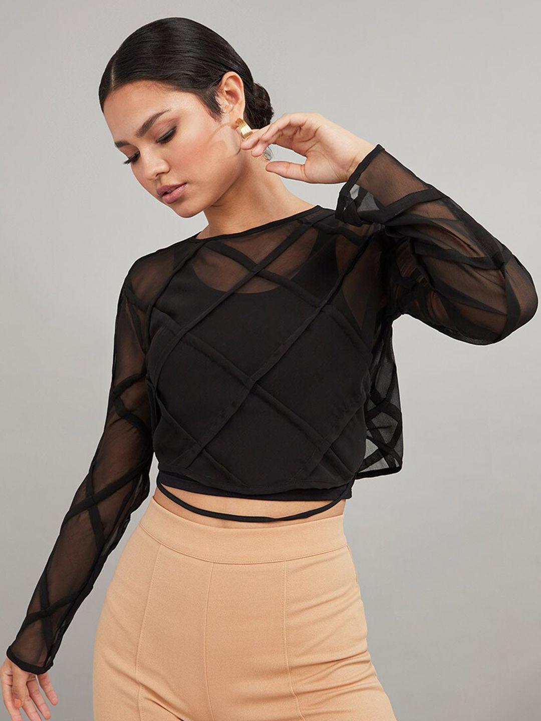 styli-black-crisscross-pattern-sheer-blouse-with-tie-detail