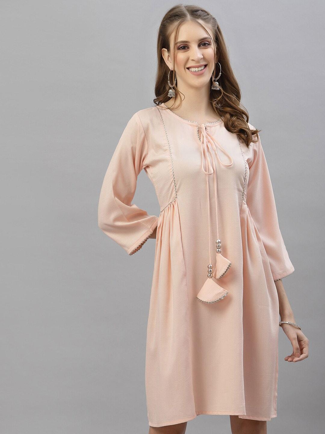 serona-fabrics-peach-coloured-tie-up-neck-ethnic-a-line-dress