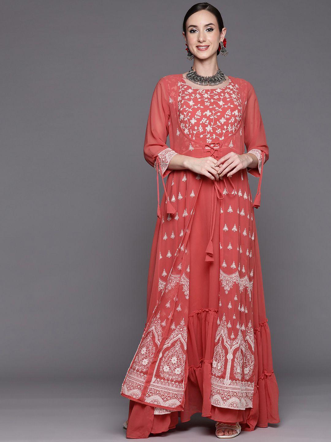 indo-era-women-red-&-white-ethnic-motifs-embroidered-georgette-a-line-maxi-dress