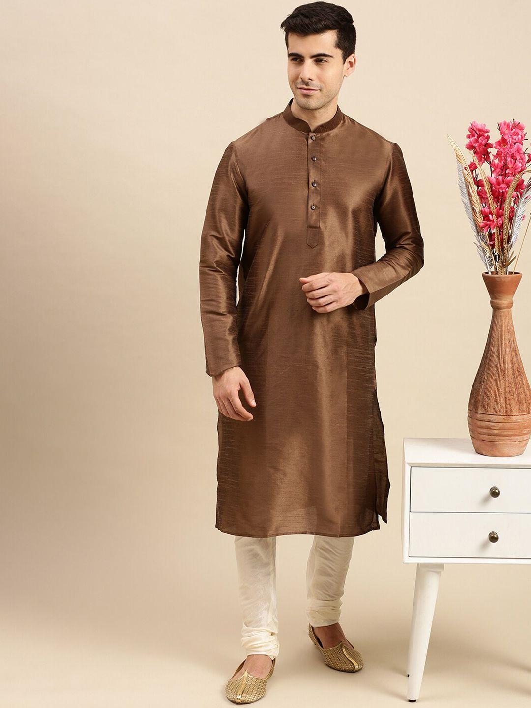 sanwara-men-brown-&-off-white-art-silk-kurta-with-churidar