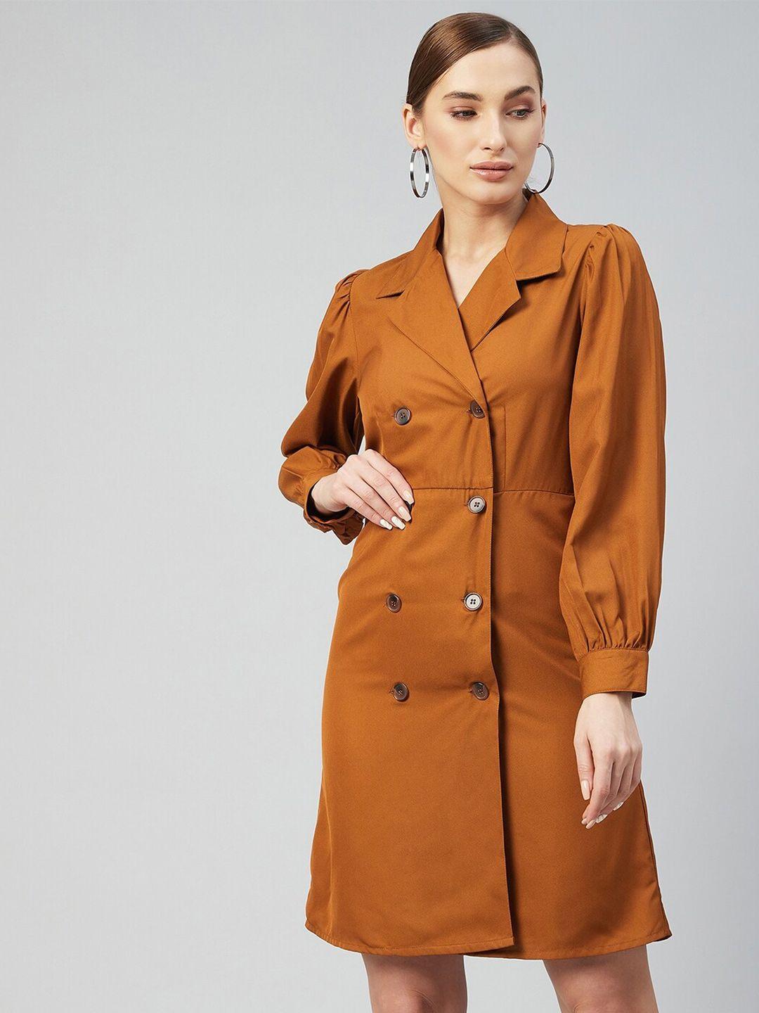 carlton-london-camel-brown-solid-double-breasted-blazer-dress