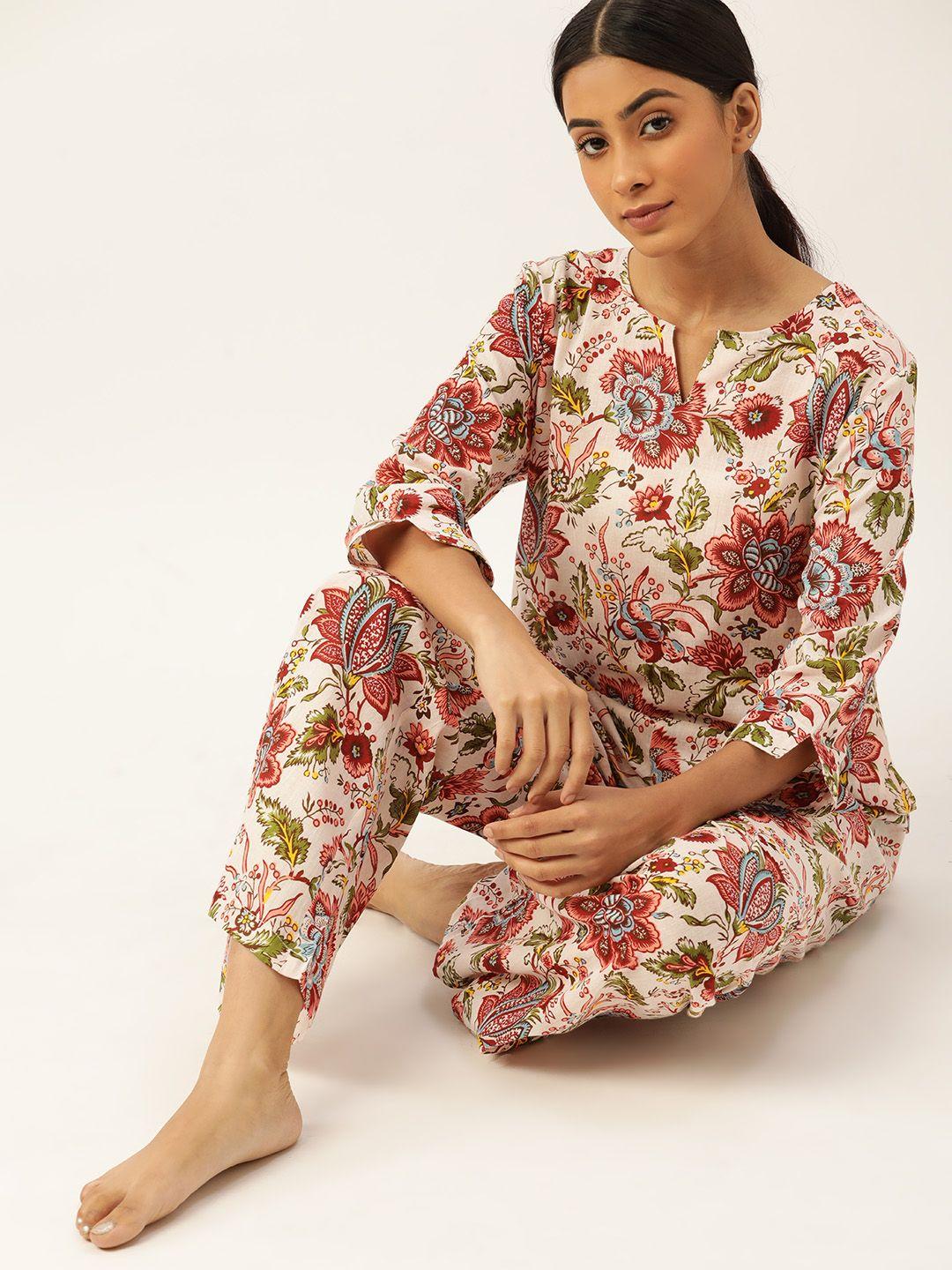 etc-women-off-white-&-red-pure-cotton-jaipuri-print-pyjama-set