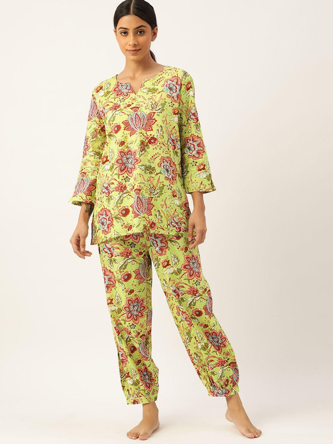 etc-women-green-&-red-pure-cotton-jaipuri-print-pyjama-set