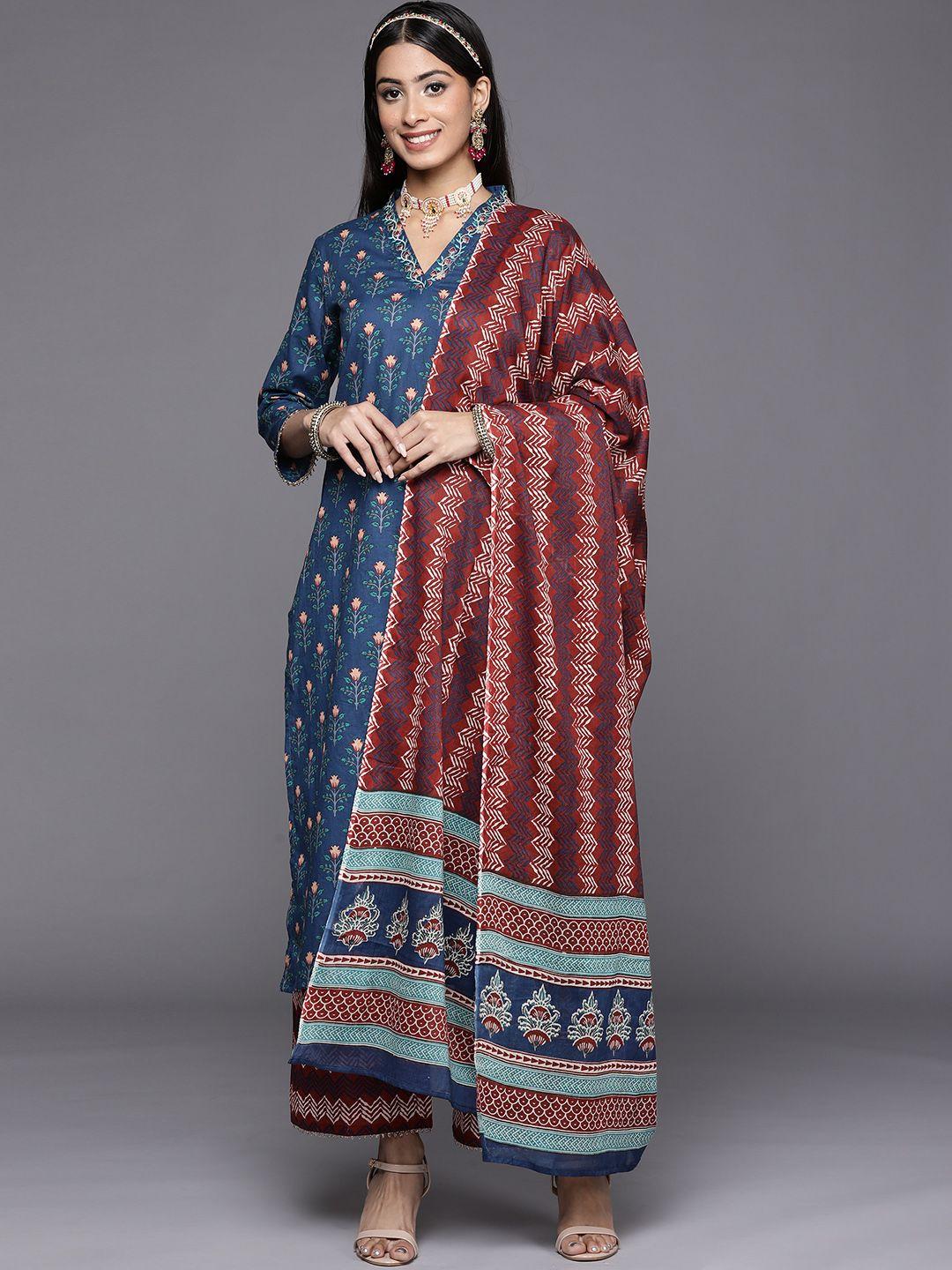 indo-era-women-blue-ethnic-motifs-printed-pure-cotton-kurta-with-palazzos-&-dupatta