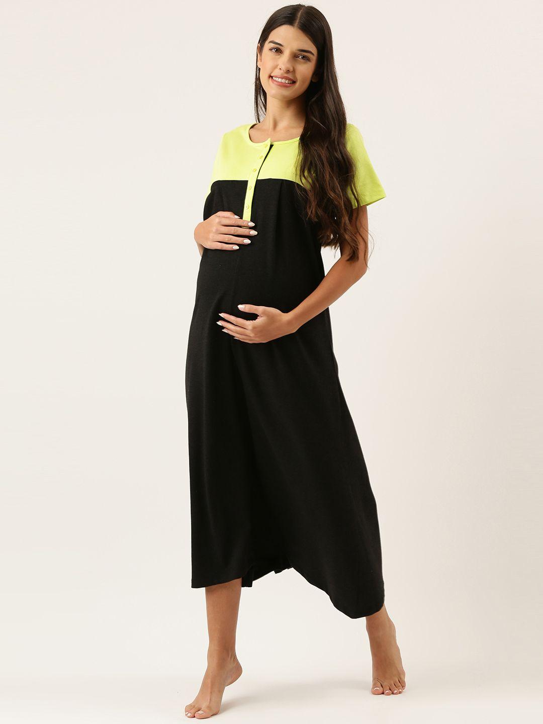 nejo-green-&-black-colorblocked-midi-maternity-nightdress