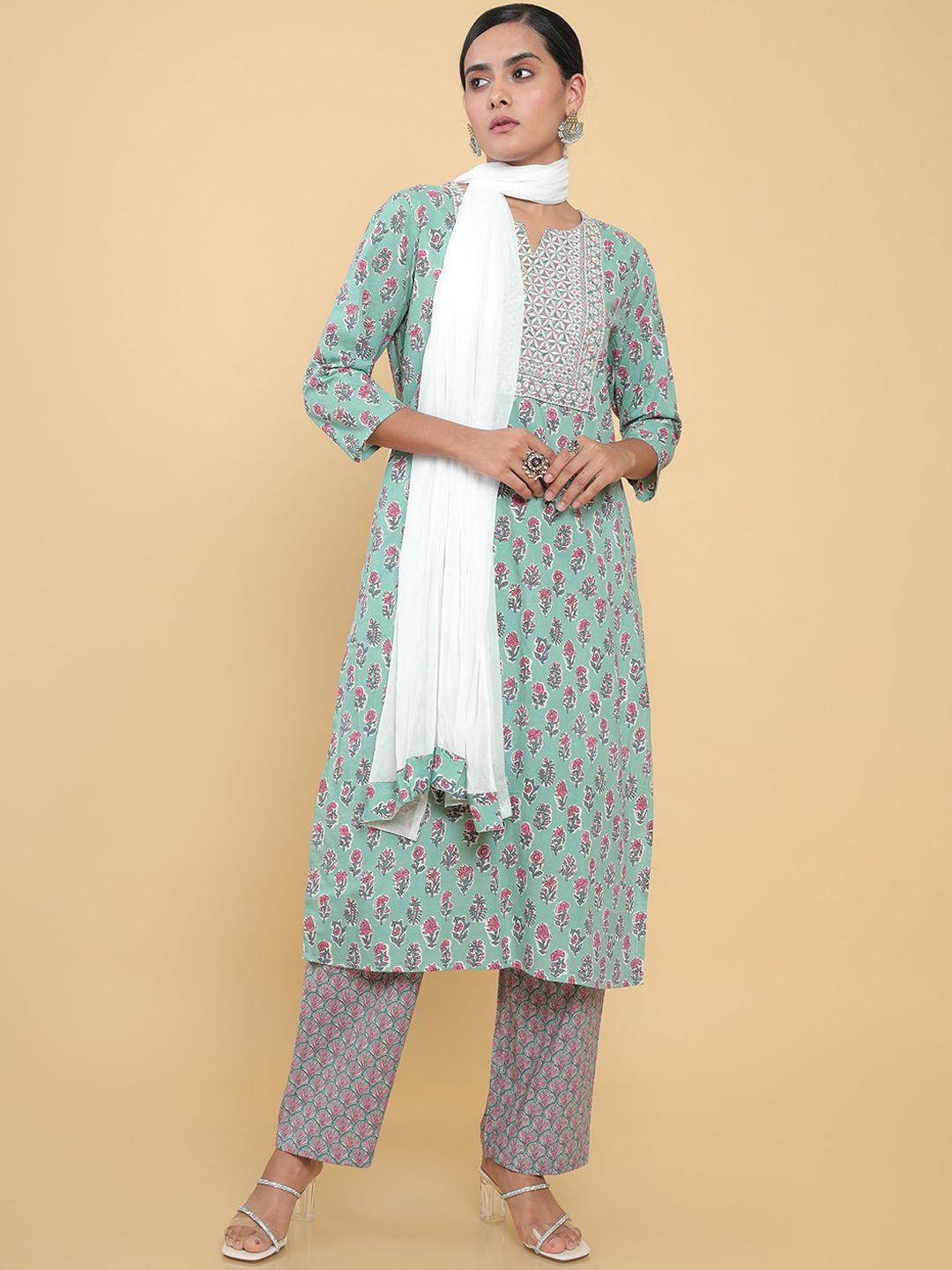 soch-women-green-ethnic-motifs-printed-thread-work-pure-cotton-kurta-set