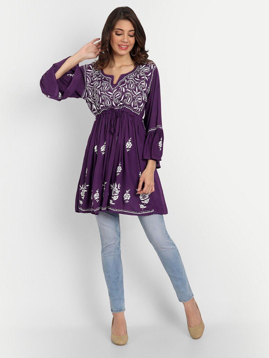 indiankala4u-women-violet-floral-embroidered-v-neck-thread-work-modal-empire-kurti