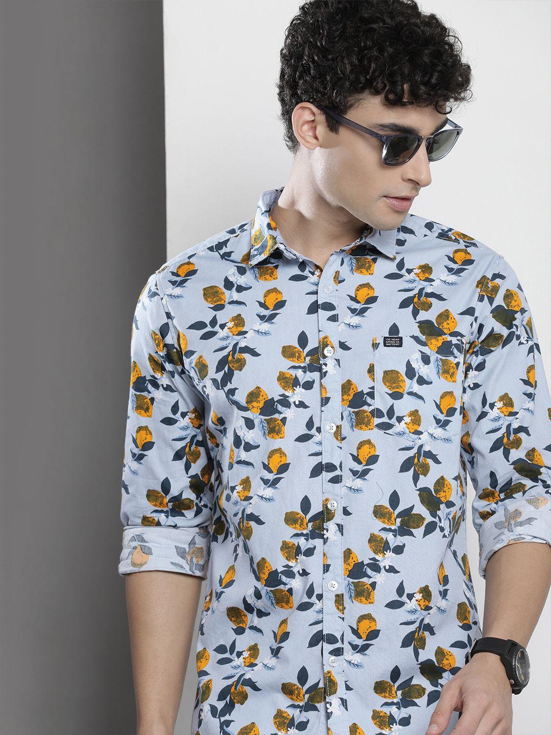 the-indian-garage-co-men-turquoise-blue-&-yellow-floral-printed-cotton-casual-shirt