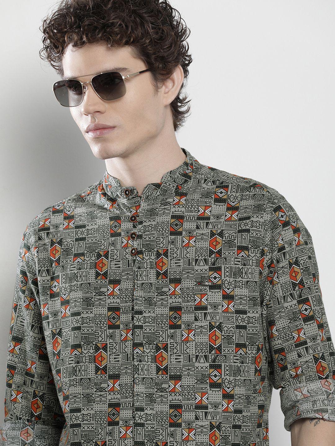 the-indian-garage-co-men-green-&-red-printed-cotton-casual-shirt