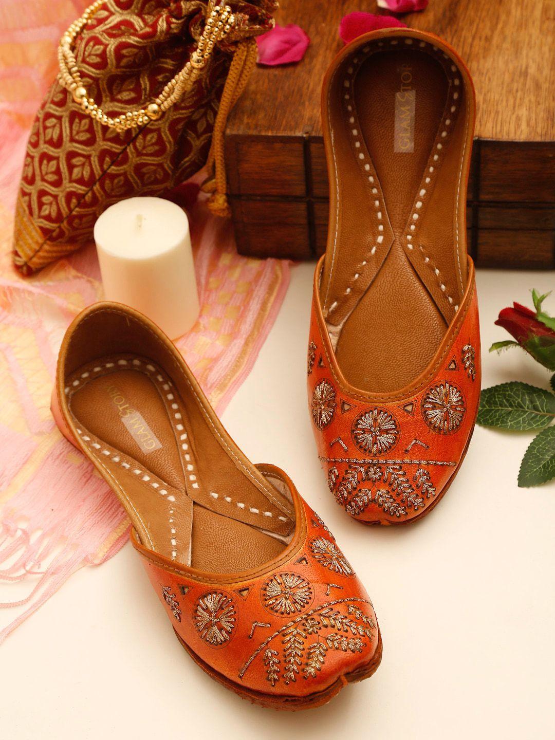 glam-story-women-brown-embellished-leather-ethnic-flats