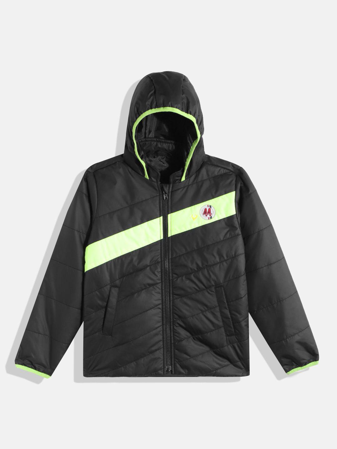 allen-solly-junior-boys-black-&-fluorescent-green-striped-hooded-padded-jacket