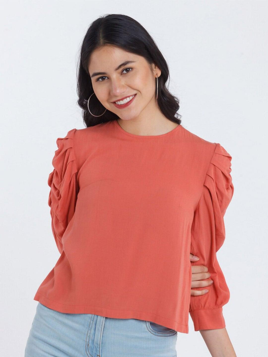 zink-london-coral-solid-puff-sleeve-regular-top-with-cut-out