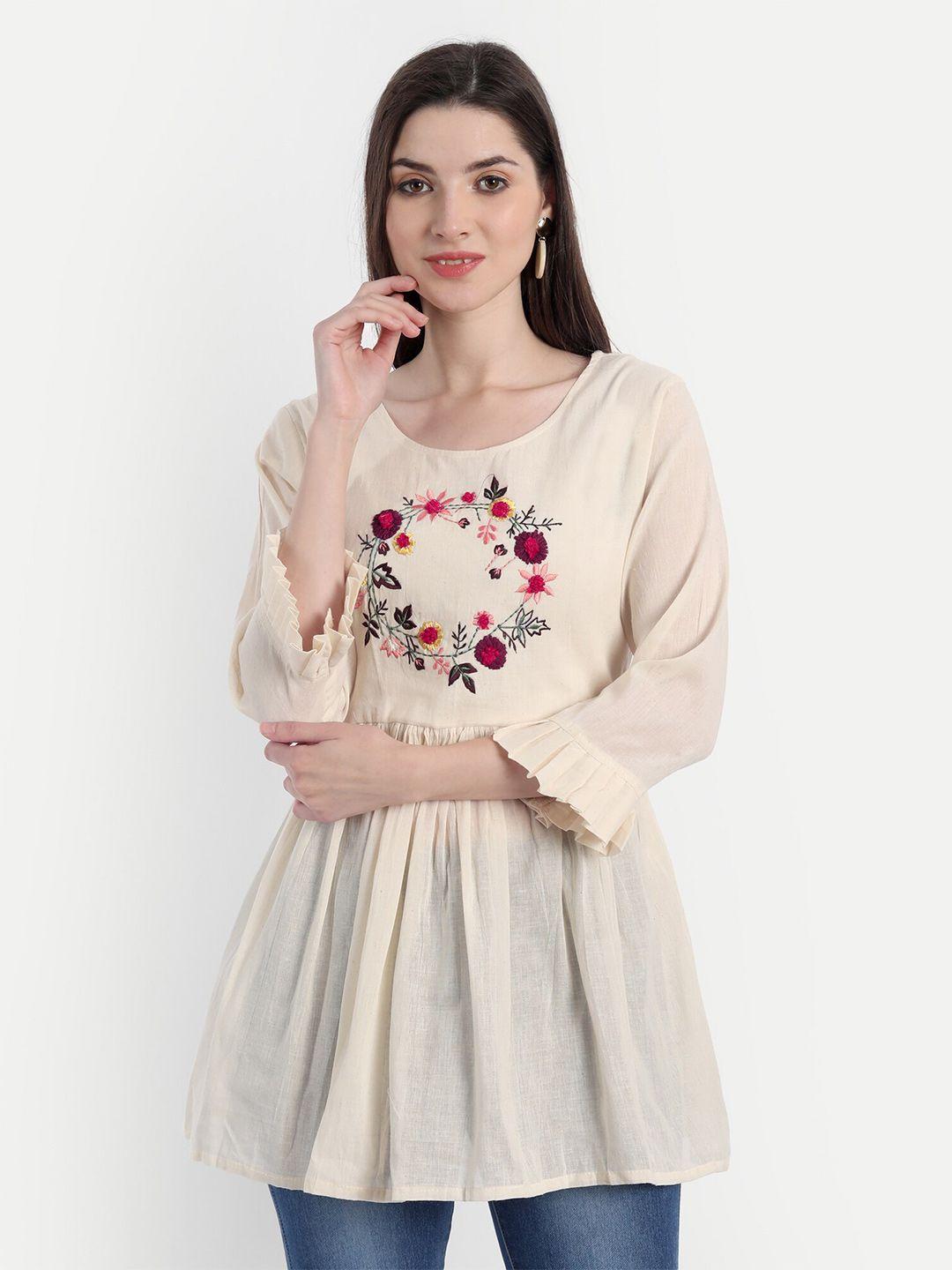 flenzy-women-beige-&-maroon-embroidered-empire-tunic