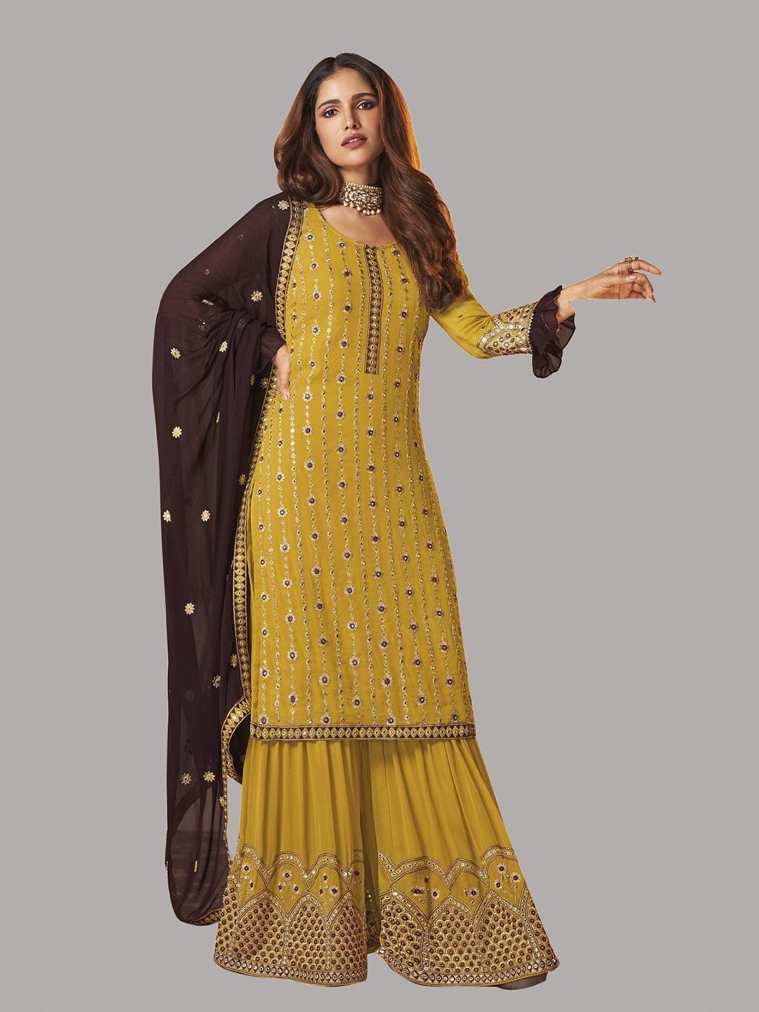 fashion-basket-yellow-&-brown-embroidered-semi-stitched-dress-material