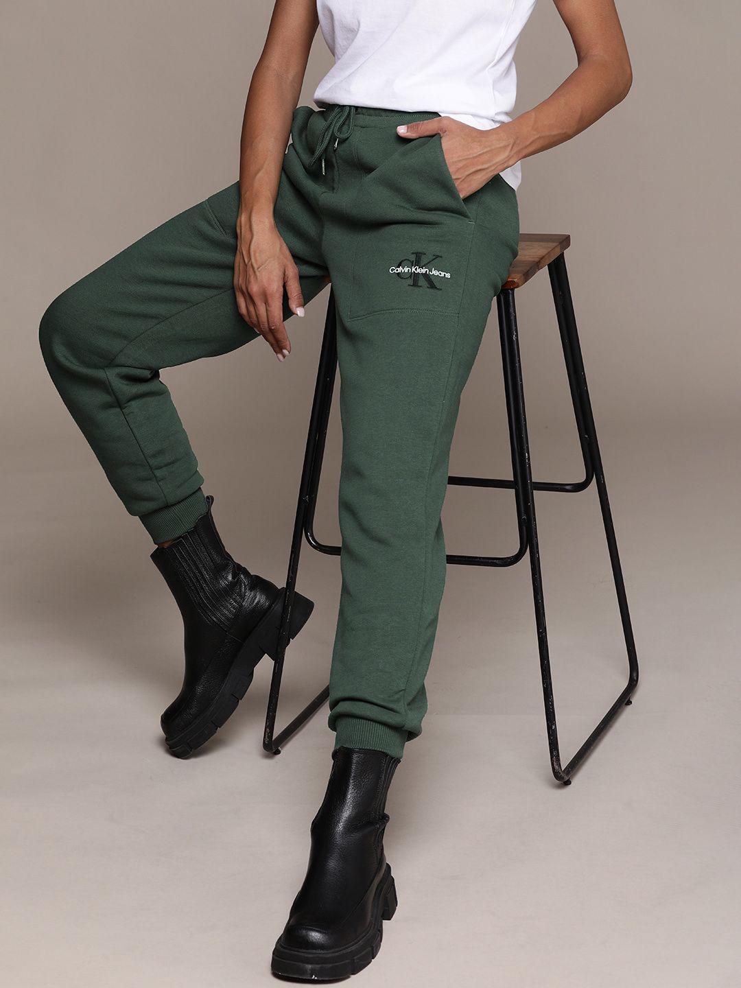 calvin-klein-jeans-women-olive-green-solid-joggers-with-printed-detail