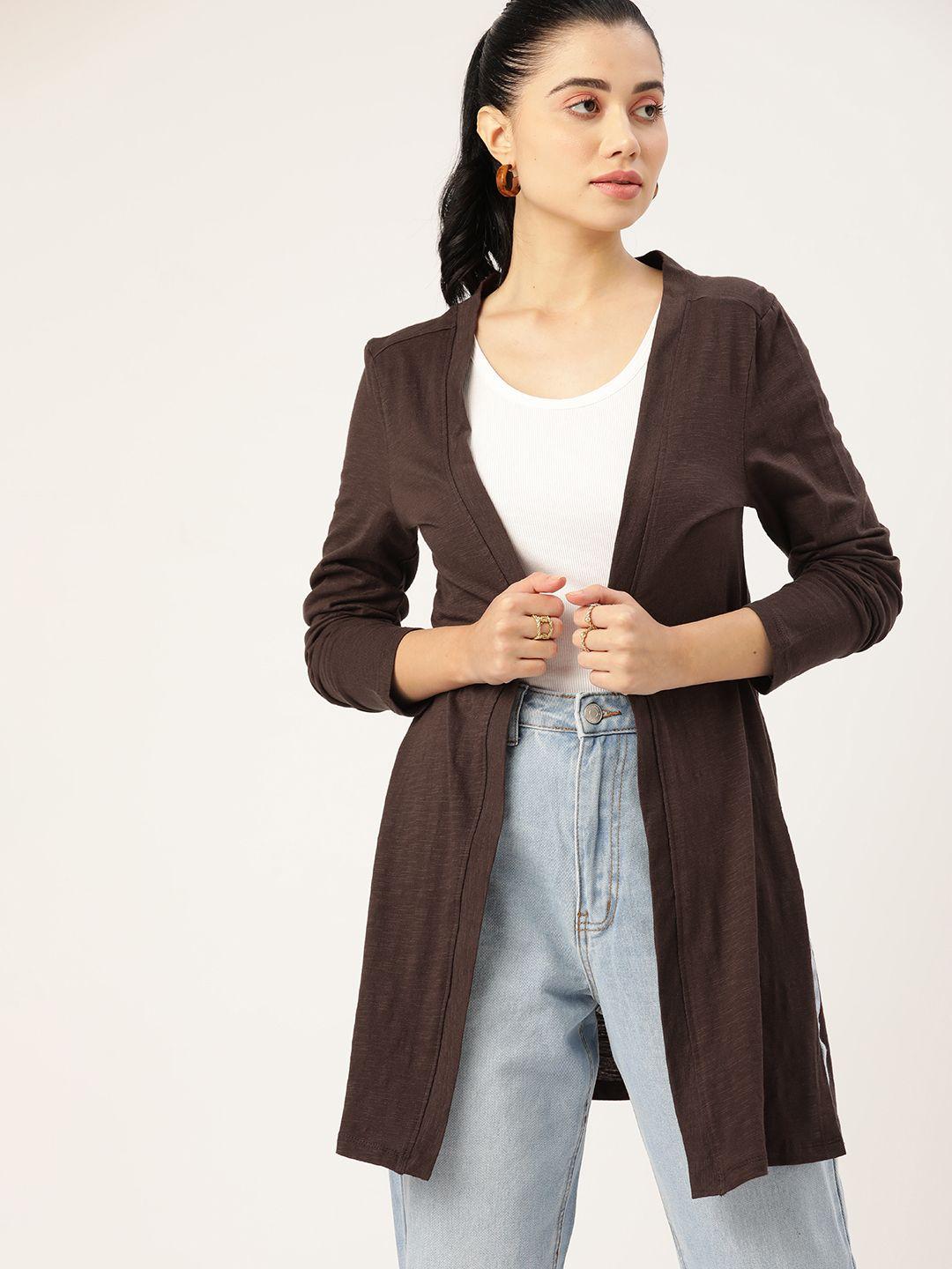 dressberry-women-coffee-brown-pure-cotton-solid-longline-shrug