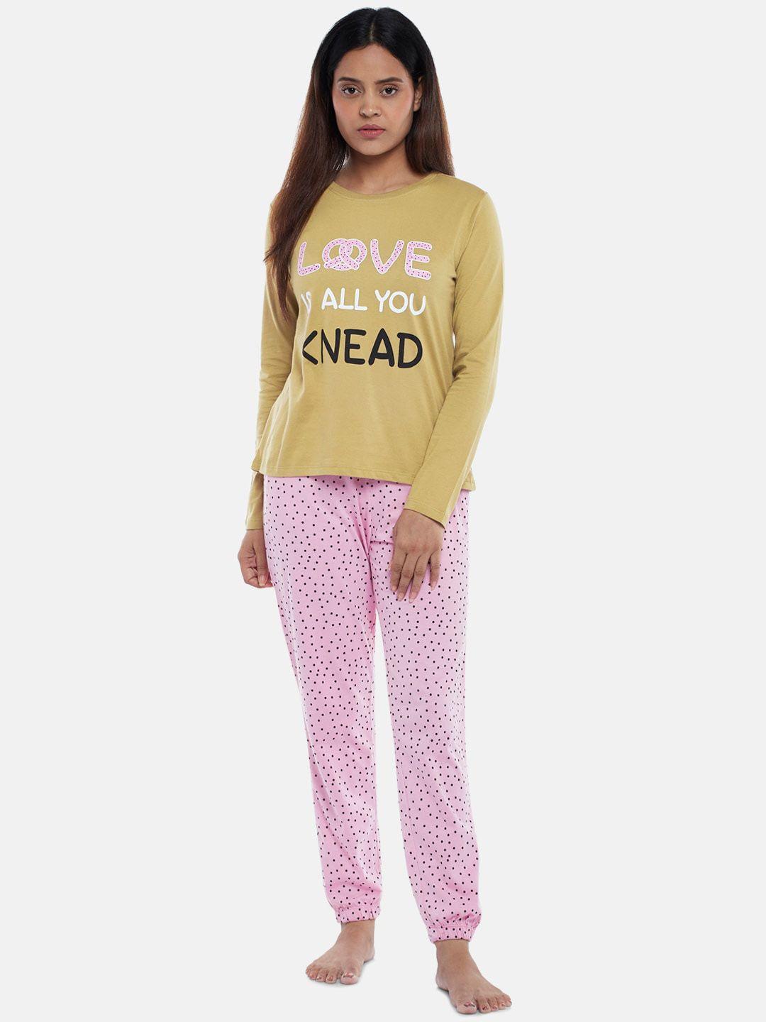 dreamz-by-pantaloons-women-khaki-&-pink-printed-night-suit