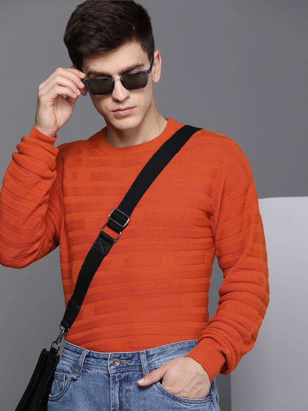 kenneth-cole-men-orange-self-design-pure-cotton-open-knit-pullover-sweater