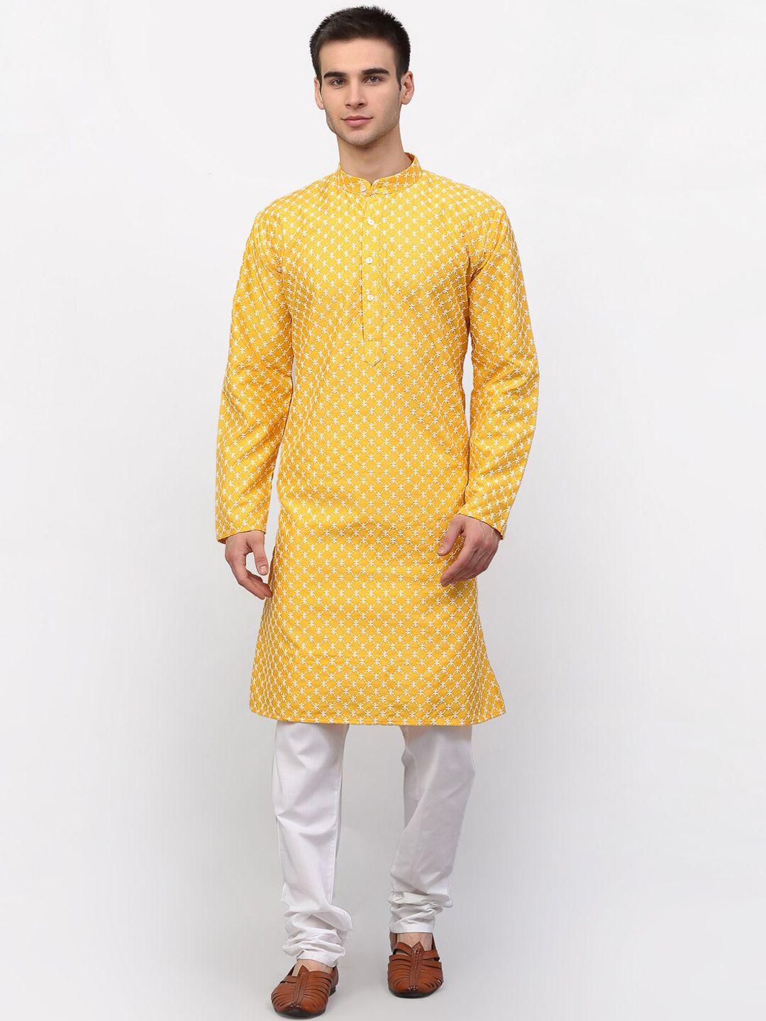 jompers-men-mustard-yellow-floral-embroidered-chikankari-dupion-silk-kurta-with-pyjamas
