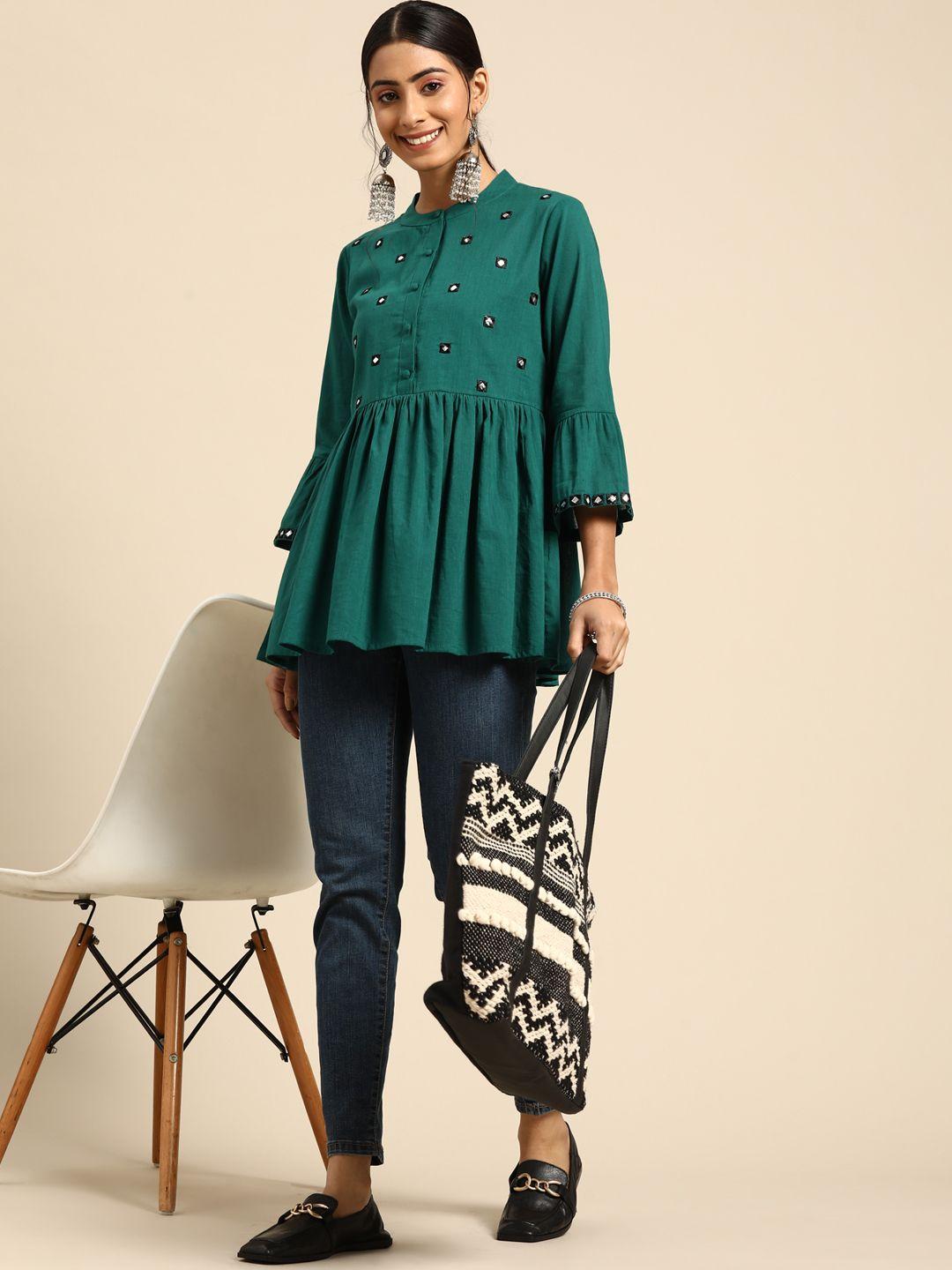 sangria-green-embroidered-mirror-work-mandarin-collar-a-line-top