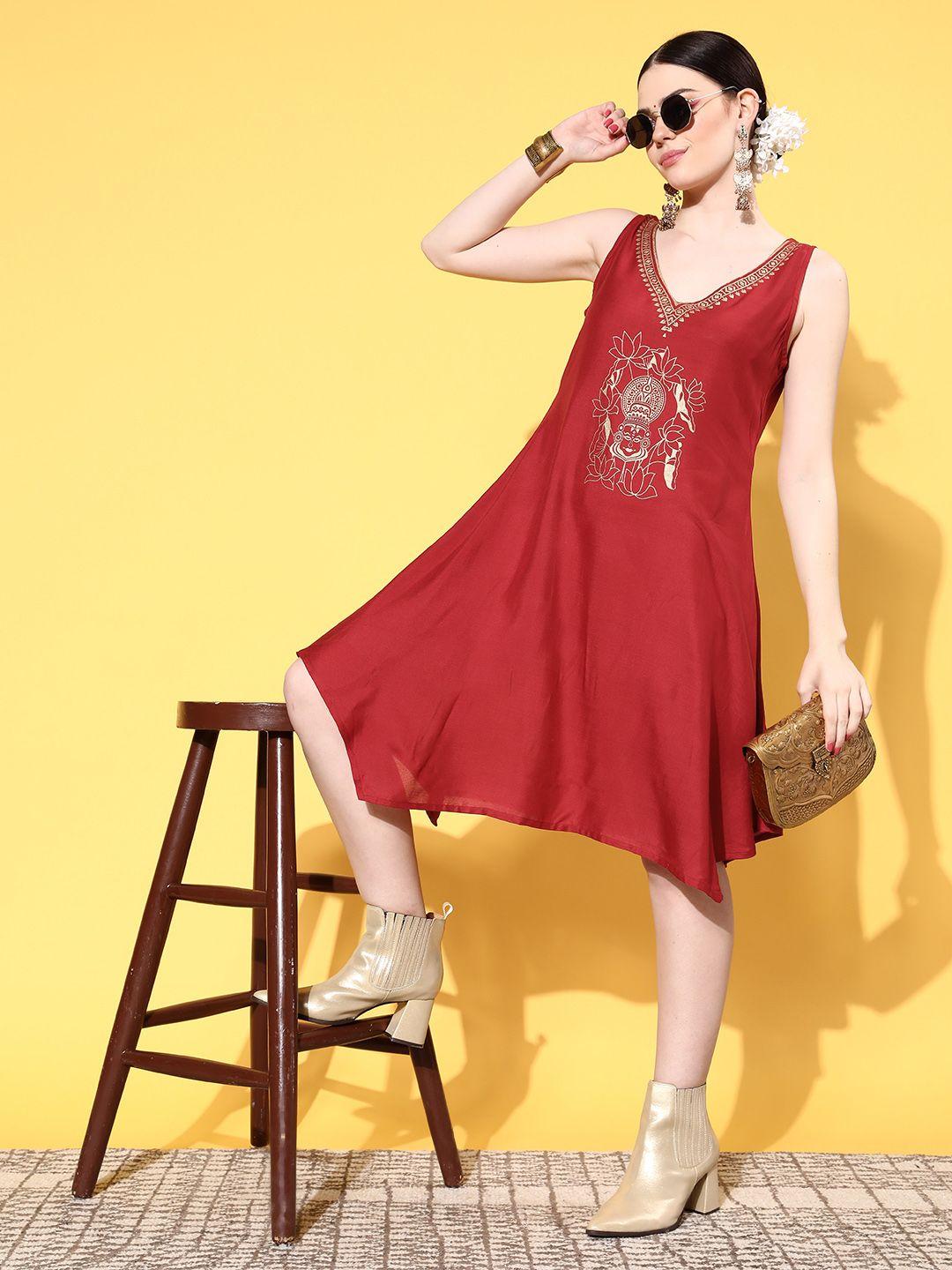 sangria-red-&-golden-printed-asymmetric-hem-a-line-dress