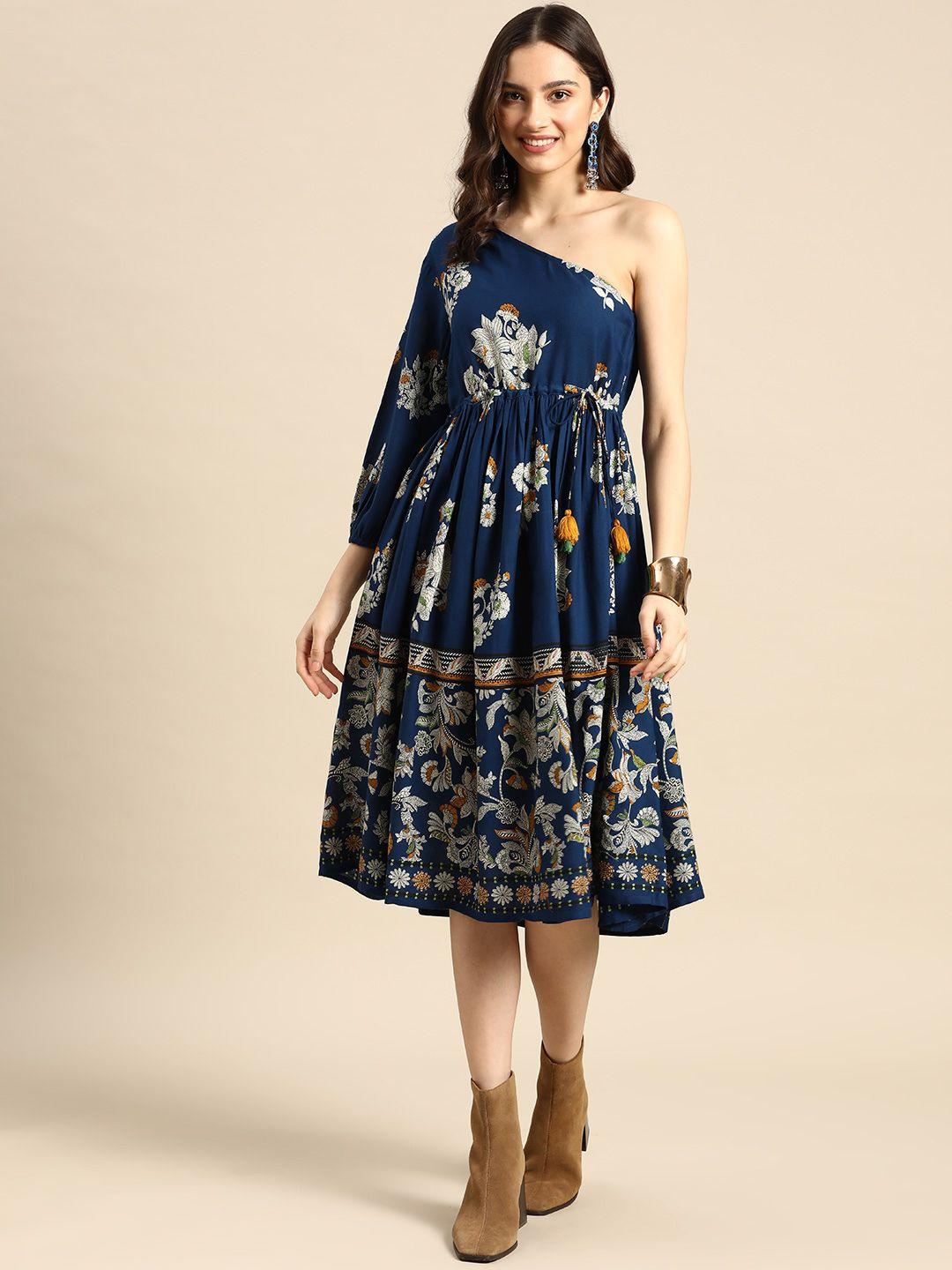 sangria-women-navy-blue-&-off-white-one-shoulder-printed-a-line-ethnic-dress