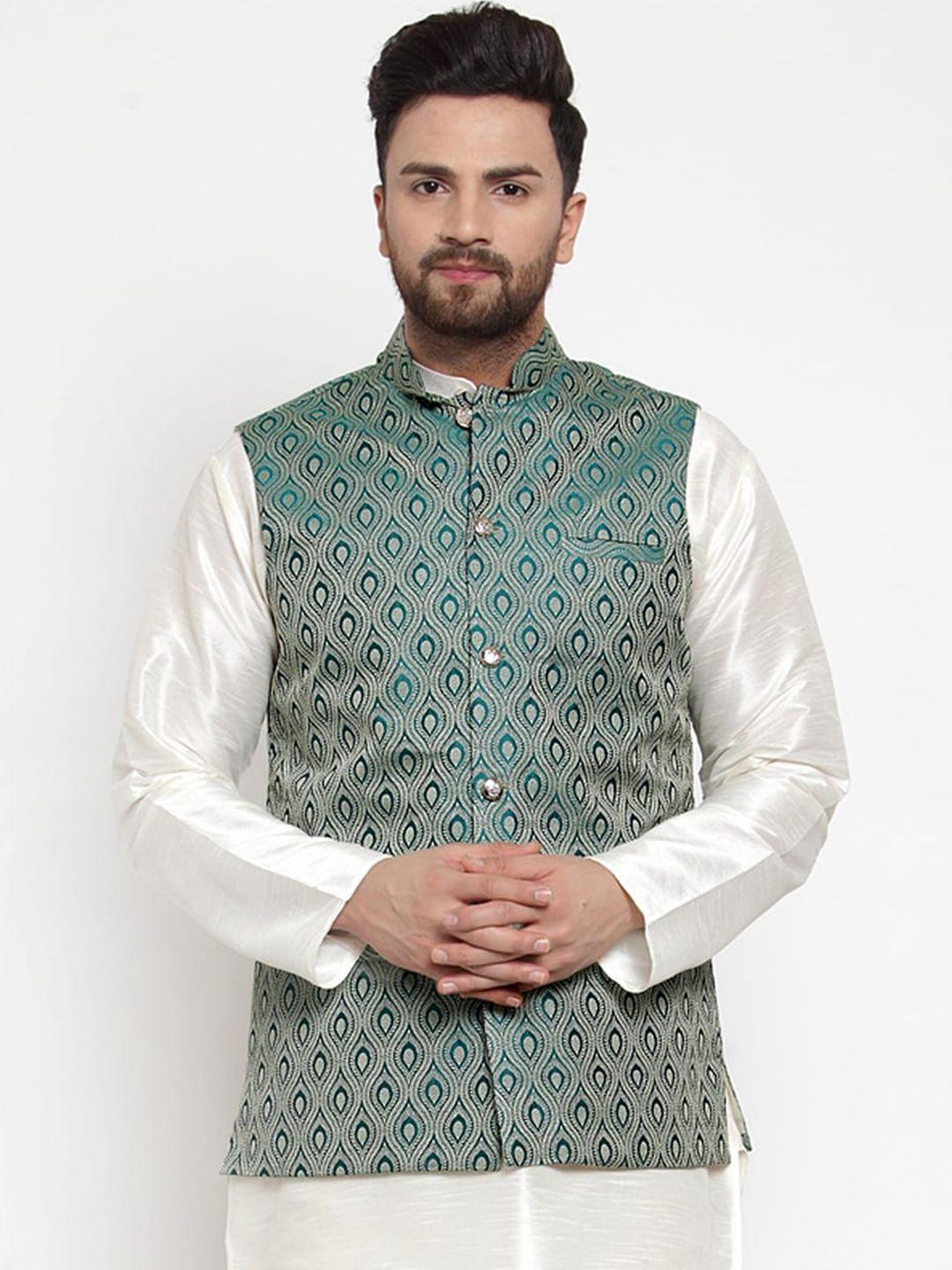 jompers-men-green-woven-design-nehru-jacket